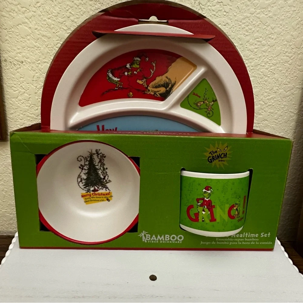 New- Dr. Seuss The Grinch Baby Bib and Dish Set Blue, Green & White